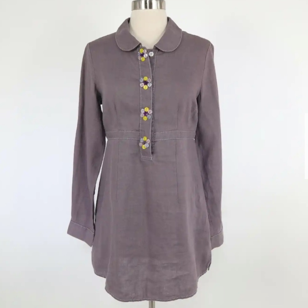 Boden Brown Linen Long Sleeve Floral Button Detail Lightweight Dress/Tunic 10